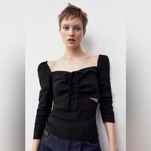 Zara Linen Blend Cut Out Top Black Puff Shoulders Cropped Small